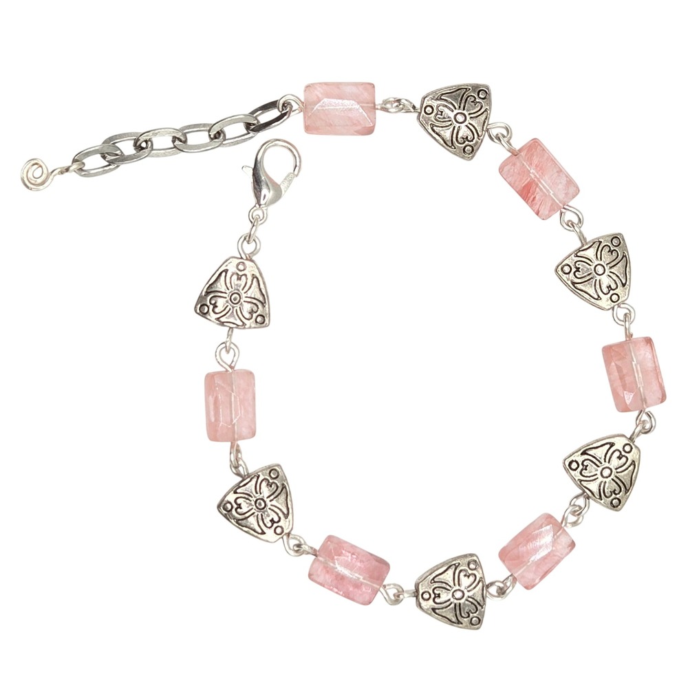 Handmade Rose Quartz Bracelet Silver Tone Floral Link Boho Vintage Adjustable